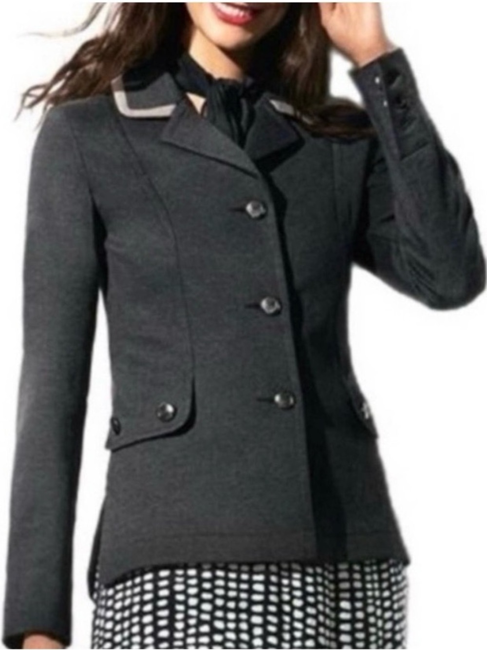 CAbi #3030 Tipped Crew Ponte Knit Button Blazer Jacket Large L Dark Gray